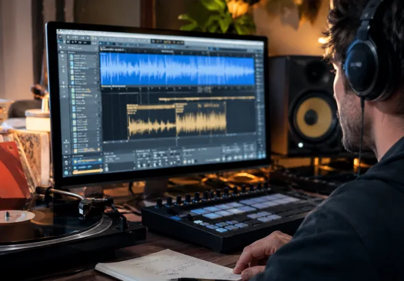 Musikproduktion im warmen Tonstudio